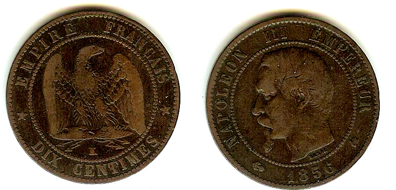 Dix centimes Napoléon III, tête nue 1856 Bordeaux TB à TB+